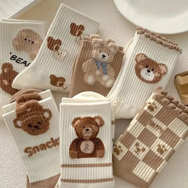 7 Pairs Cartoon Bear Print Socks, Comfy & Cute Mid Tube Socks, Women's Stockings & Hosiery