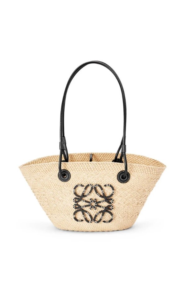 Small Anagram Basket bag in iraca palm and calfskin Natural/Black - LOEWE