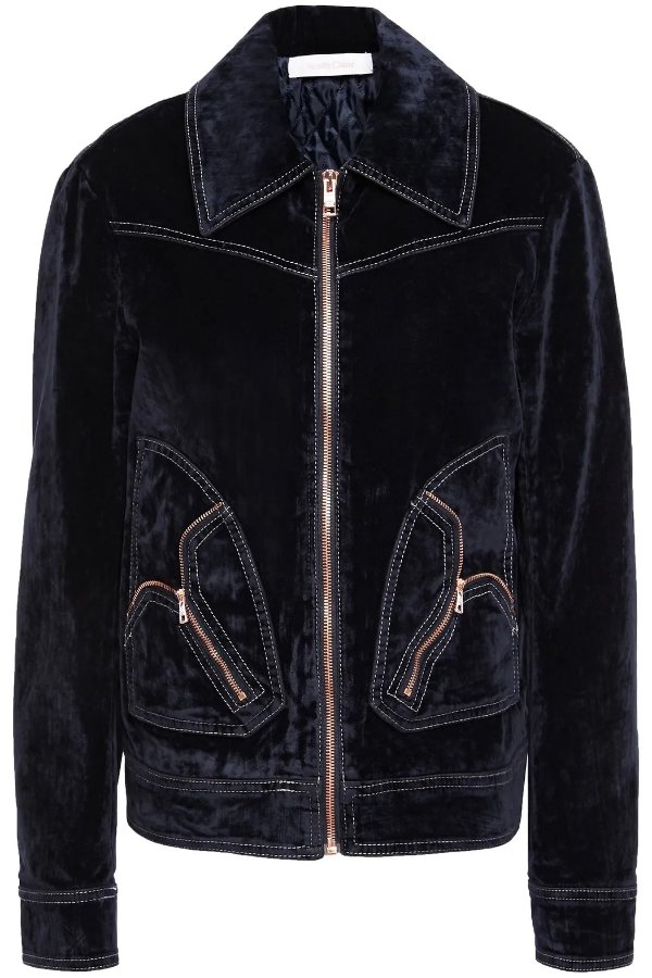 Zip-detailed cotton-blend crushed-velvet jacket