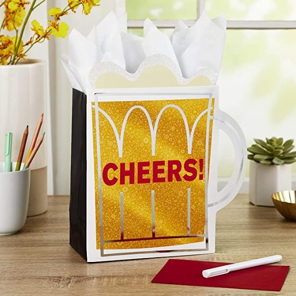 9" Medium Gift Bag with Tissue Paper ("Cheers!" Beer Mug) for Christmas, Father's Day, Birthdays, Graduations, Promotions, New Jobs or Any Occasion