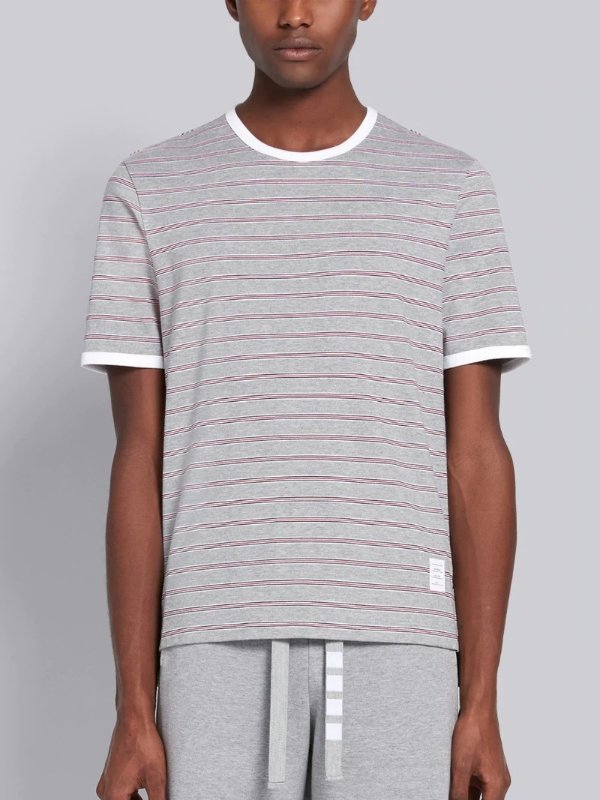 On sale- Light Grey Cotton Hairline Stripe Short Sleeve Ringer T-shirt | Shop Thom Browne official sale