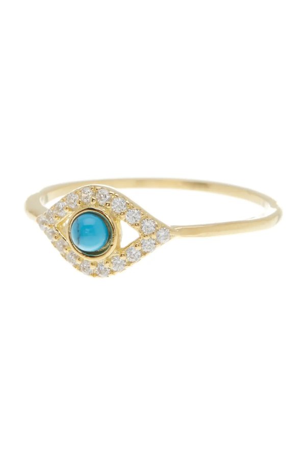 14K Yellow Gold Vermeil Turquoise & Swarovski Crystal Accented Evil Eye Ring