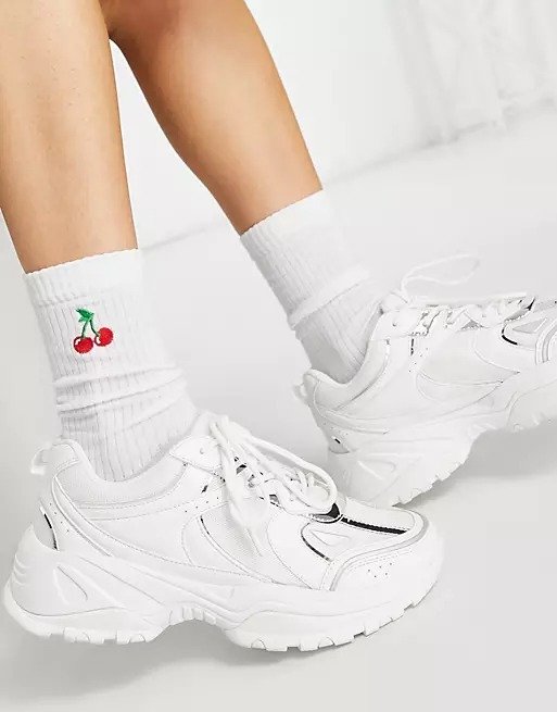 calf length rib socks with cherry embroidery in white