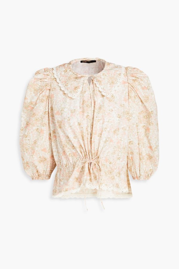 Crochet-trimmed floral-print cotton blouse