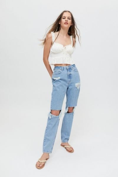 High-Waisted Distressed Mom Jean