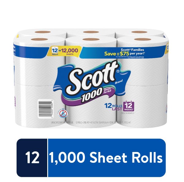 Scott 1000 Toilet Paper, 12 Rolls, 12,000 Sheets