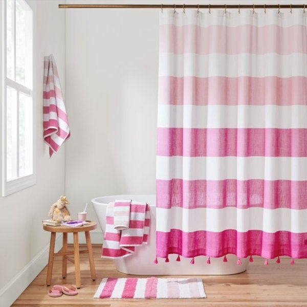 Gap Home Kids Ombre Stripe Organic Cotton Shower Curtain with Tassels, Pink, 72"x72"