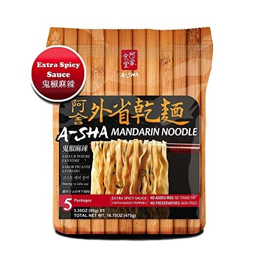 Asha Healthy Ramen Noodles, Medium Width Mandarin Noodles, Extra Spicy with Ghost Pepper Sauce Flavor, 5 Pouches Per Servings, 3.35 Ounce (95 grams)