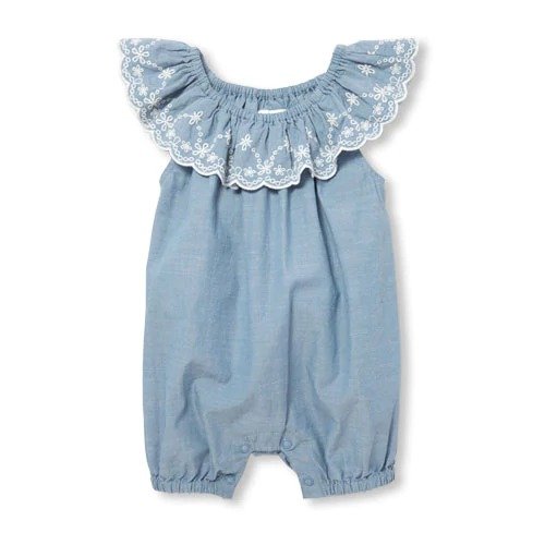 Baby Girls Sleeveless Embroidered Chambray Woven Romper