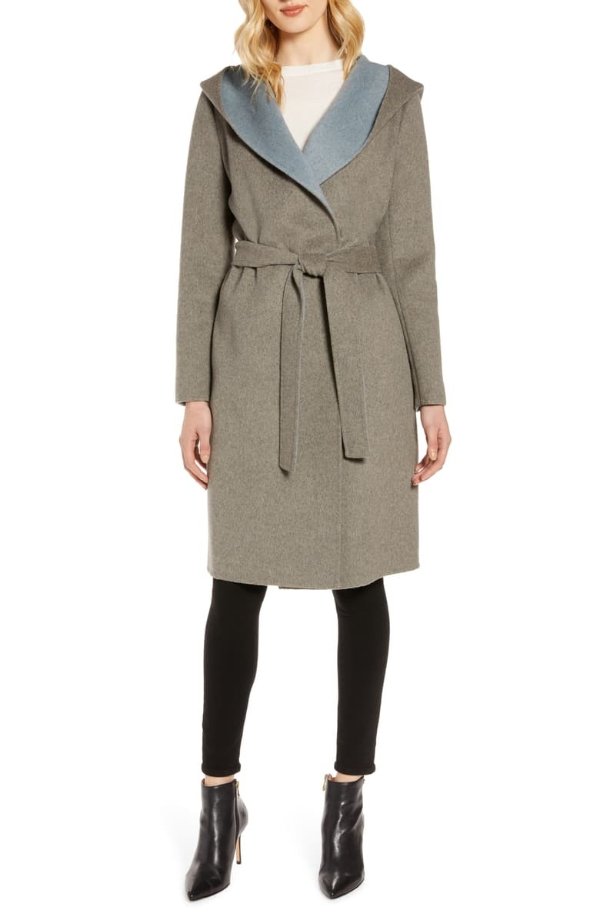 Double Face Wool Blend Wrap Coat with Hood