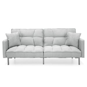 Best Choice Products Living Room Convertible Linen Fabric Tufted Splitback Futon Couch Furniture W/ Pillows Light Gray