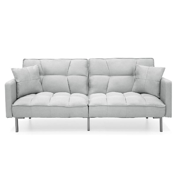 Living Room Convertible Linen Fabric Tufted Splitback Futon Couch Furniture W/ Pillows Light Gray