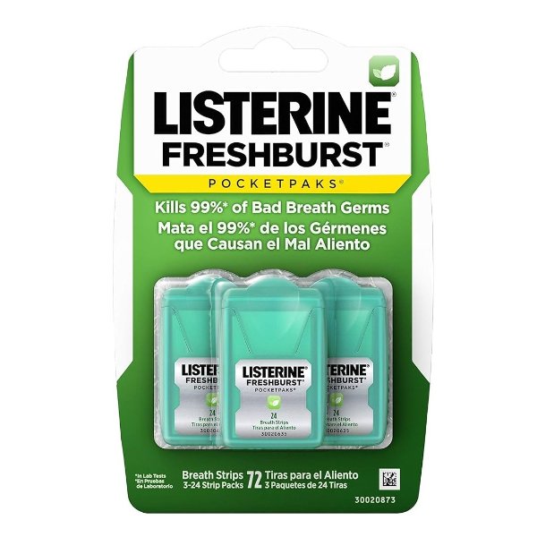 Listerine Freshburst Pocketpaks Breath Strips, Dissolving Freshener Strips Kill 99% of Germs that Cause Bad Breath, Portable for On-the-Go, Minty Flavor, 3 packs of 24-strips Each