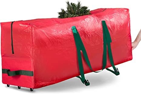 ZOBER Rolling Large Christmas Tree Storage Bag - Fits Artificial Disassembled Trees, Durable Handles & Wheels for Easy Carrying and Transport - Tear/Waterproof Polyethylene Plastic Duffle Bag (9 Ft., Red)