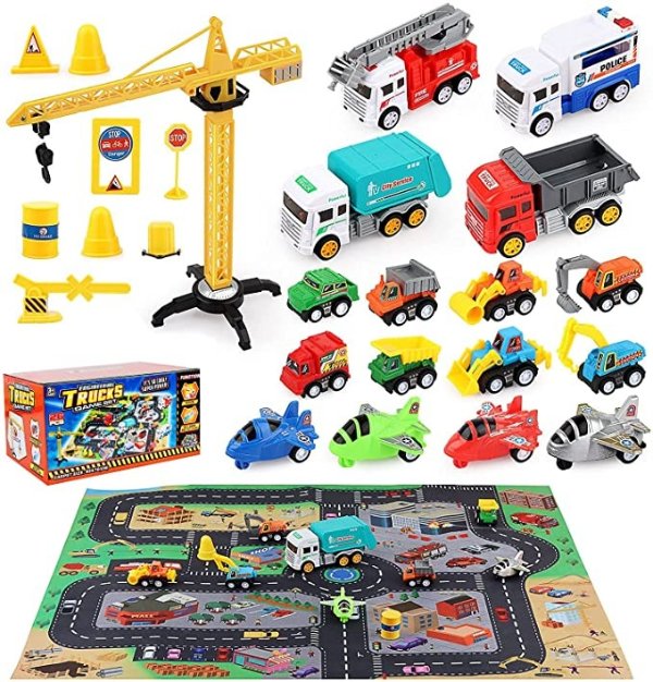 HONYAT Construction Toys, Engineering Vehicles Set with Play Mat, Pull Back City Cars and Trucks Toy Cars Set with Tower Crane, Building Educational Gift for Boys 3 4 5 6 7 Years Old