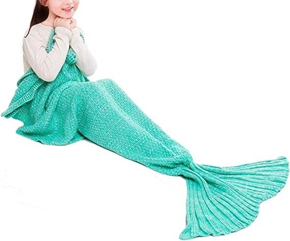 JR.WHITE Mermaid Tail Blanket for Kids, Hand Crochet Snuggle Mermaid, All Seasons Seatail Sleeping Bag Blanket (Mint)
