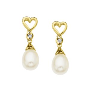 Pearl Heart Drop Earrings with Diamonds in 10K Gold