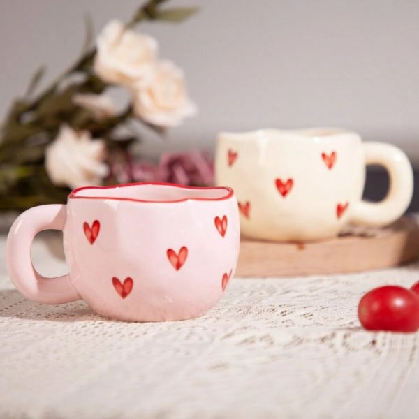 1pc 9.5 Oz Valentine'S Day Love Heart Mug, Romantic Ceramic Coffee Cup, 280ml Holiday Drinkware, Valentines Birthday Gifts For Couples Her Boyfriend Girlfriend,Design For Office And Home, Dishwasher And Microwave Safe