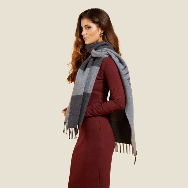Wool Cashmere Colour Block Scarf - Navy