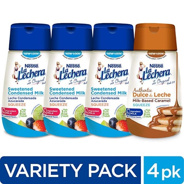 La Lechera Squeeze Variety Pack (4 Count) – Three Sweetened Condensed Milk and One Dulce de Leche in Resealable, No-Spill Bottles - Add Rich, Creamy Texture to Sweet Dishes