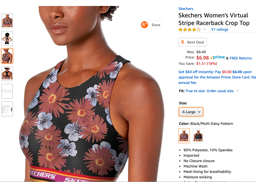 Skechers Women&#39;s Virtual Stripe Racerback Crop Top, Black/Multi Daisy Pattern, XL at Amazon Women’s Clothing store