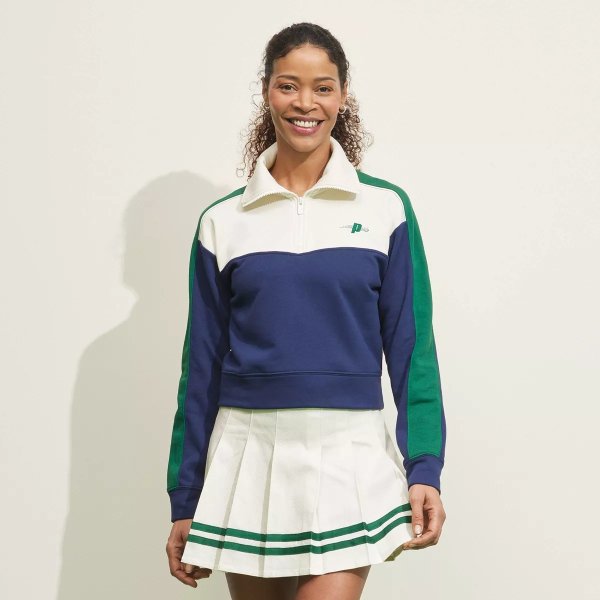 Women's French Terry 1/4 Zip Pullover Sweatshirt - Navy Blue/Cream/Green