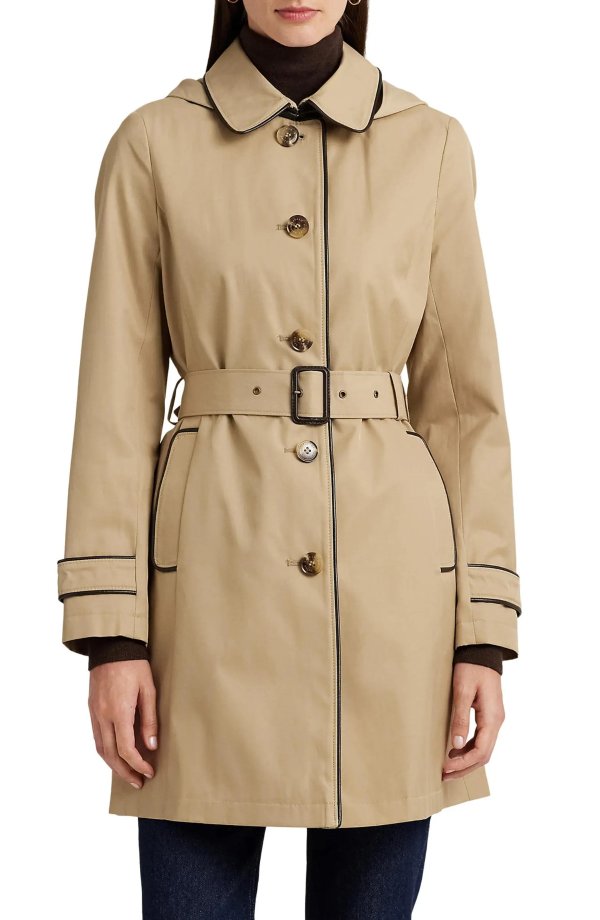Hooded Belted Faux Leather Trim Trench Coat