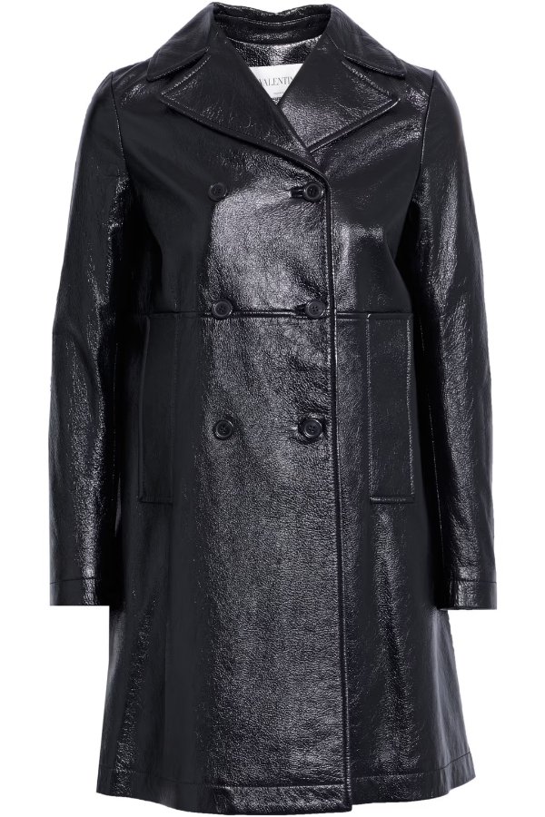 Double-breasted glossed textured-leather coat