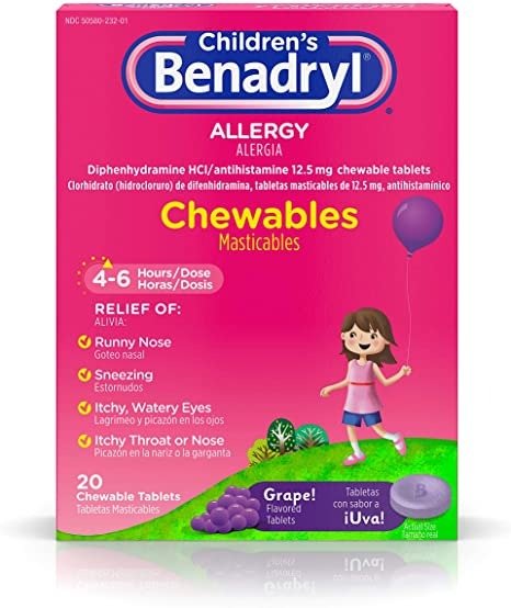 Children's Benadryl Allergy Chewables with Diphenhydramine HCl, Antihistamine Chewable Tablets for Relief of Allergy Symptoms Like Sneezing, Itchy Eyes, & More, Grape Flavor