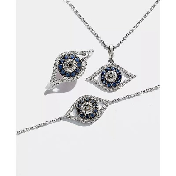 EFFY® Sapphire (1/4 ct. t.w.) and Black and White Diamond (1/8 ct. t.w.) Evil Eye Pendant in 14k Gold