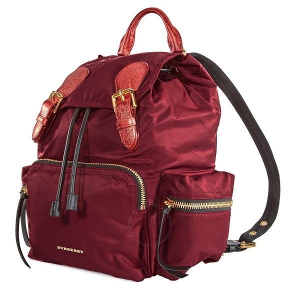 The Medium Rucksack in Technical Nylon and Leather- Crimson