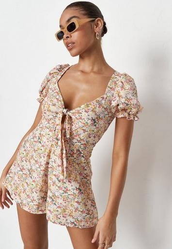 - Yellow Floral Print Tie Front Romper