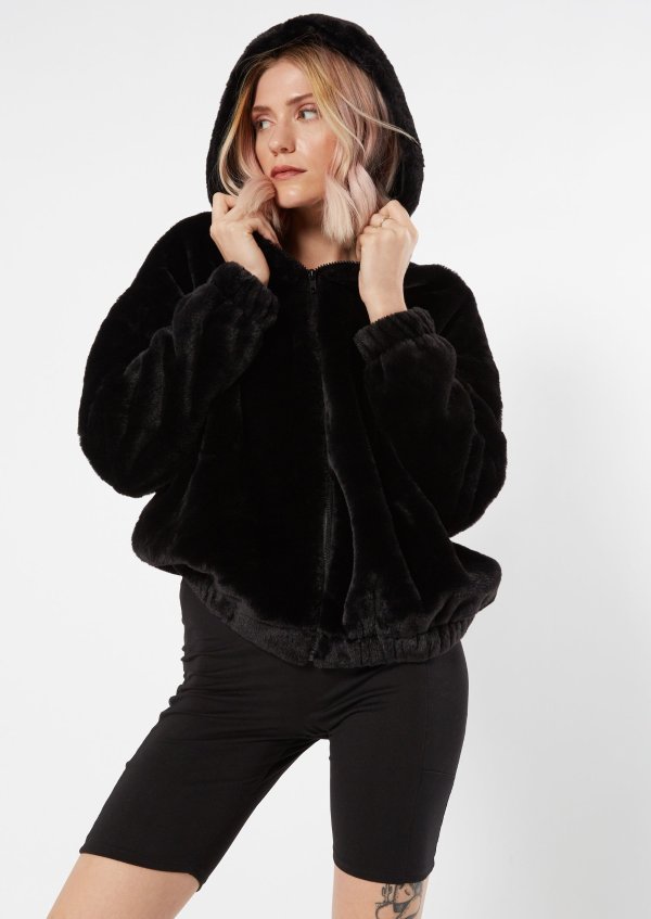 Black Faux Fur Oversized Zip Up Hoodie