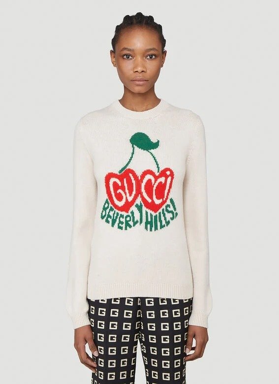 Cherries Wool-Knit Sweater in White