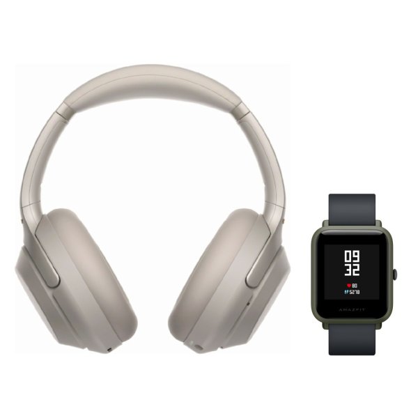 WH-1000XM3 Wireless Headphones (Silver) with Amazfit Bip (Kokoda Green)