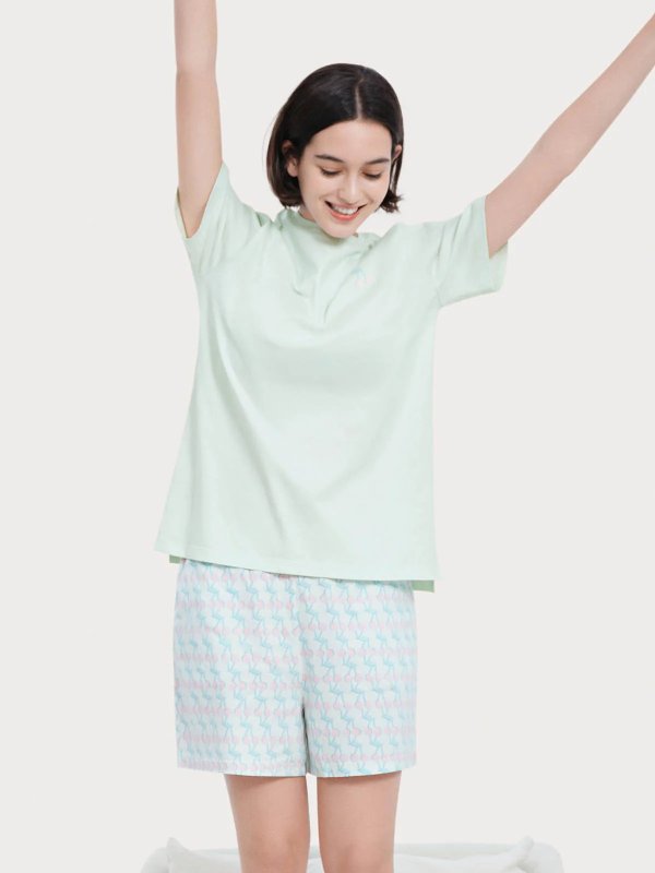Cotton Printed Short-Sleeve Pajamas (Bra Padded)