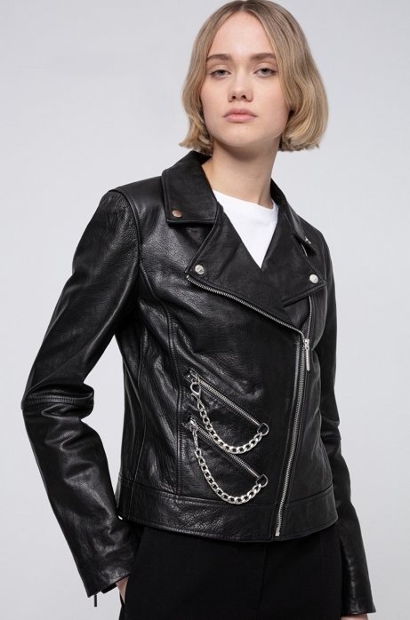 Regular-fit leather biker jacket with chain embellishments