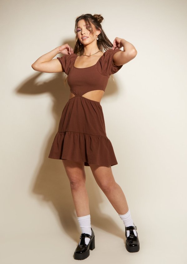 Brown Puff Sleeve Cutout Tiered Dress