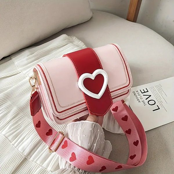 Fashion Y2K Cute Heart Print Crossbody Bag, Wide Strap PU Leather Shoulder Bag, Women's Simple Casual Handbag & Purse, Valentine's Day Gift