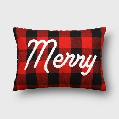 18"x12" Reversible Buffalo Plaid 'Merry' to Fair Isle Snowflake Rectangle Lumbar Pillow Red/Black - Wondershop™