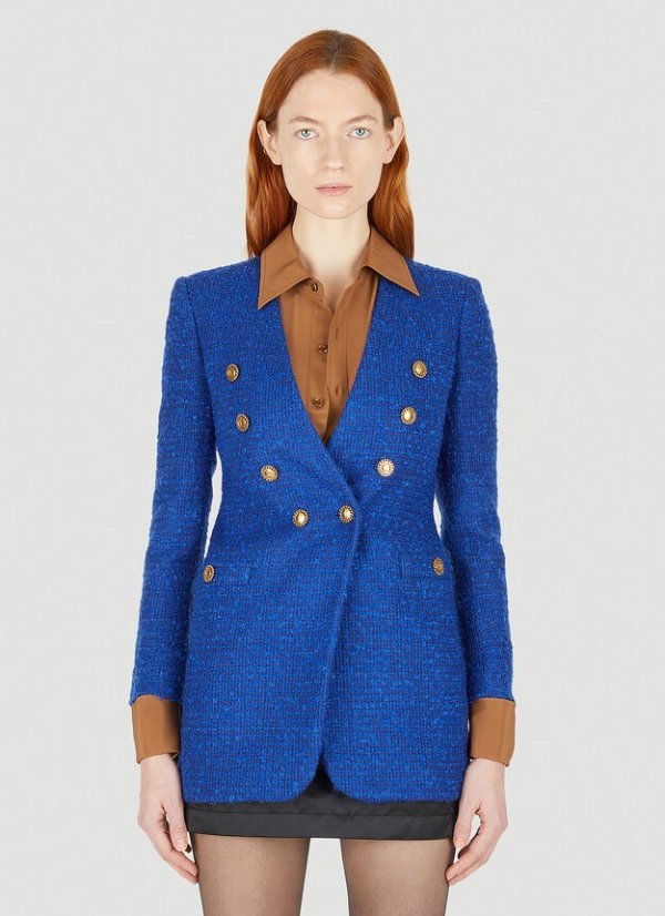Double Breasted Boucle Blazer in Blue