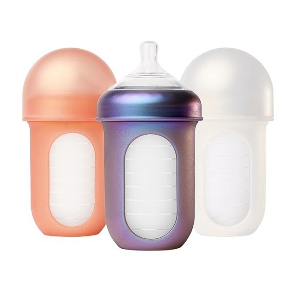 NURSH Reusable Silicone Baby Bottles with Collapsible Silicone Pouch Design — Everyday Baby Essentials — 3 Count — Stage 2 Medium Flow — 8 Oz — Metallic