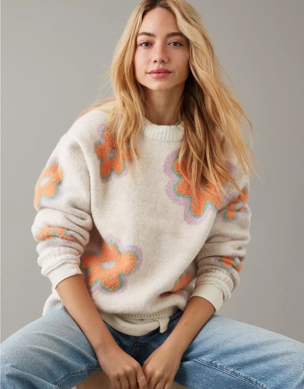 AE Whoa So Soft Floral Crewneck Sweater