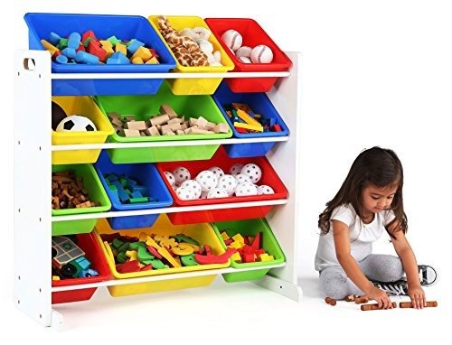 Kids' Toy Storage Organizer with 12 Plastic Bins, White/Primary (Summit Collection)