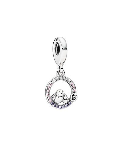 Silver CZ & Mixed Crystral Mother & Baby Bird Dangle Charm