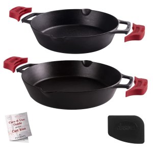 Cast Iron Skillet Set - 10" + 12"-Inch Dual Handle Frying Pans + Silicone Handle Holder Covers