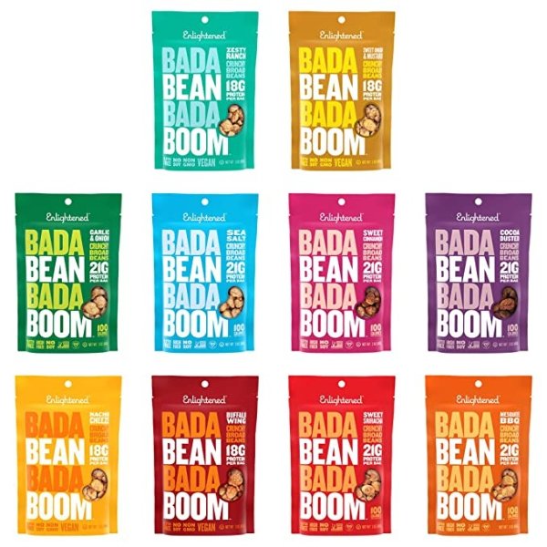 Enlightened Bada Bean Bada Boom Plant-based Protein, Gluten Free, Vegan, Non-GMO, Soy Free, Roasted Broad Fava Bean Snacks, All Flavors Variety Pack 3oz (10 Pack)