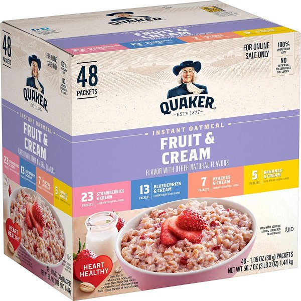 Instant Oatmeal Fruit and Cream Variety Pack, Breakfast Cereal, 48 Count,Pack of 1