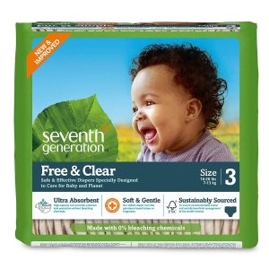 Seventh Generation Baby Diapers, Free and Clear for Sensitive Skin, Original No Designs, Size 3 155ct (Packaging May Vary)