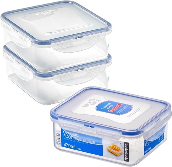 Square Food Containers with Lids Set of 3 - Plastic Airtight & Watertight Food Storage Containers, BPA Free & Dishwasher Safe, 3 x 870ml